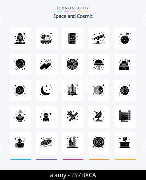 Creative Space 25 Glyph Solid Black icon pack  Such As moon. telescope. book. space. space Stock Vector