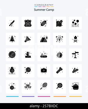 Creative Summer Camp 25 Glyph Solid Black icon pack  Such As survival. forest. equipment. camping. location Stock Vector