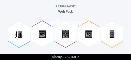 Web Pack 25 Glyph icon pack including mobile. software. custom content. application programmer interface. api Stock Vector