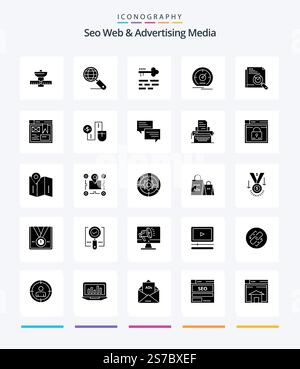 Creative Seo Web And Advertising Media 25 Glyph Solid Black icon pack  Such As speedometer. meter. seo. dashboard. login Stock Vector