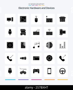 Creative Devices 25 Glyph Solid Black icon pack  Such As charge. radio. apple. music. device Stock Vector