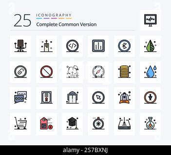 Complete Common Version 25 Line Filled icon pack including statistics. graph. code. chart. web Stock Vector