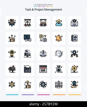 Creative Task And Project Management 25 Line FIlled icon pack  Such As mail. cloud creative. projector. campaign. user Stock Vector