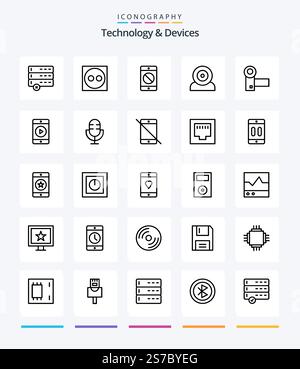 Creative Devices 25 OutLine icon pack  Such As devices. technology. devices. hardware. devices Stock Vector