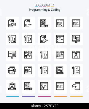 Creative Programming And Coding 25 OutLine icon pack  Such As coding. c. file. page. develop Stock Vector