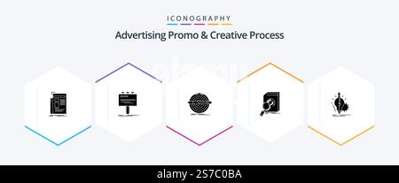 Advertising Promo And Creative Process 25 Glyph icon pack including financial. analysis. billboard. target. pencil Stock Vector