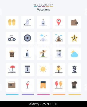 Creative Vacations 25 Flat icon pack  Such As beach. purse. sunblock. money. location Stock Vector