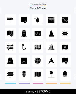 Creative Maps & Travel 25 Glyph Solid Black icon pack  Such As bag. lock. chest. location. navigation Stock Vector
