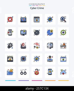 Creative Cyber Crime 25 Line FIlled icon pack  Such As encryption. spy ware. shield. . hacker Stock Vector