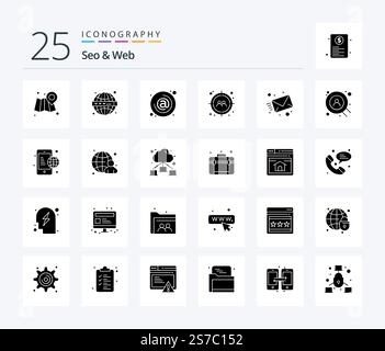 Seo & Web 25 Solid Glyph icon pack including mail. user. at. target. man Stock Vector