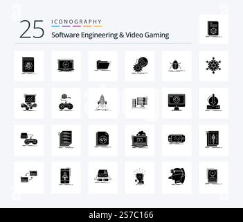 Software Engineering And Video Gaming 25 Solid Glyph icon pack including install. cd. software. folder. directory Stock Vector