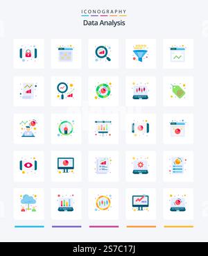Creative Data Analysis 25 Flat icon pack  Such As web. management. report. development. funnel Stock Vector