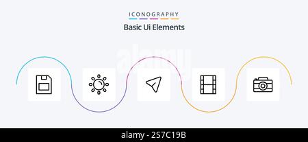 Basic Ui Elements Line 5 Icon Pack Including picture. camera. arrow. filam. video Stock Vector