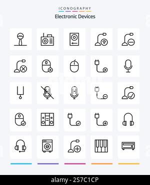 Creative Devices 25 OutLine icon pack  Such As gadget. computers. electronics. microphone. gadget Stock Vector
