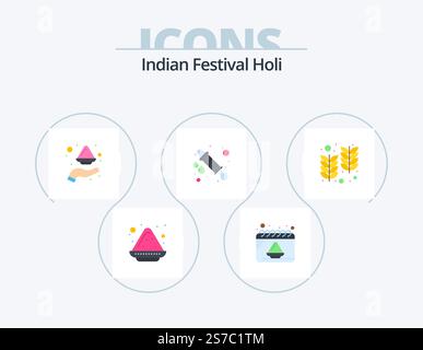 Holi Flat Icon Pack 5 Icon Design. holi. celebration. hand. water gun. powder Stock Vector