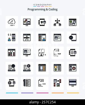 Creative Programming And Coding 25 Line FIlled icon pack  Such As develop. app. develop. development. coding Stock Vector