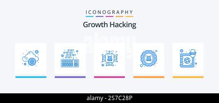 Hacking Blue 5 Icon Pack Including box. hack. chip. error. bug. Creative Icons Design Stock Vector