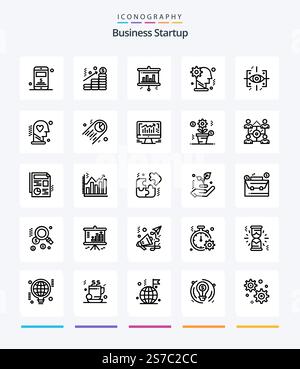 Creative Business Startup 25 OutLine icon pack  Such As mechanism . gear . graph. brain . screen Stock Vector