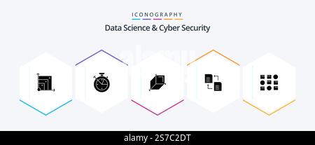 Data Science And Cyber Security 25 Glyph icon pack including system. scince. 3d. share. data Stock Vector