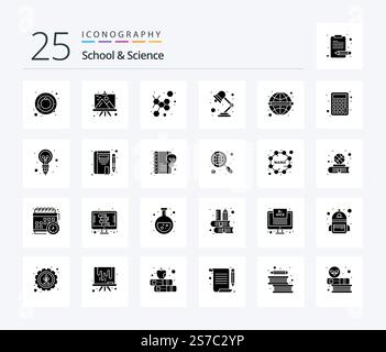 School And Science 25 Solid Glyph icon pack including global. atom. study lamp. lamp Stock Vector