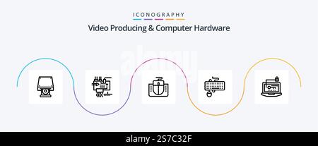 Video Producing And Computer Hardware Line 5 Icon Pack Including obsolete. keyboard. parts. interface. computer Stock Vector