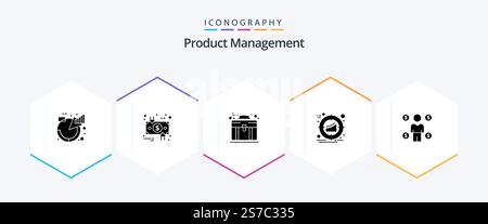 Product Management 25 Glyph icon pack including product. management. dollar. target. briefcase Stock Vector