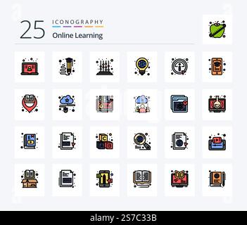Online Learning 25 Line Filled icon pack including pen. globe. write. bulb. toddler Stock Vector