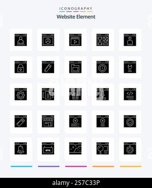 Creative Website Element 25 Glyph Solid Black icon pack  Such As internet. browser. internet. movie. film Stock Vector