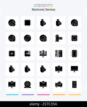 Creative Devices 25 Glyph Solid Black icon pack  Such As devices. add. gadget. stick. hardware Stock Vector