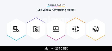 Seo Web And Advertising Media 25 Line icon pack including process. setup. trophy. settings. mp mp Stock Vector