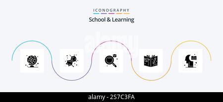 School And Learning Glyph 5 Icon Pack Including . knowledge. graduation. hemisphere. brain Stock Vector