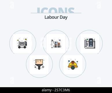 Labour Day Line Filled Icon Pack 5 Icon Design. digging. worker hat. announce. safety. construction Stock Vector