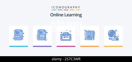 Online Learning Blue 5 Icon Pack Including learning. e-learning. document. e. tutorials. Creative Icons Design Stock Vector
