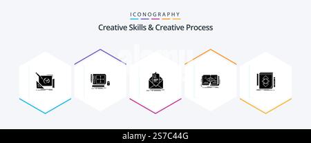 Creative Skills And Creative Process 25 Glyph icon pack including eye. knowledge. software. briefing. letter Stock Vector