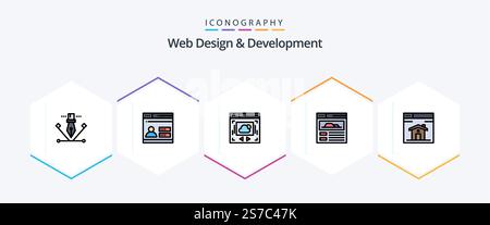 Web Design And Development 25 FilledLine icon pack including design. home. web page. web. site Stock Vector