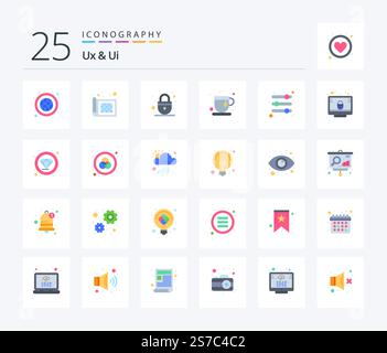 Ux And Ui 25 Flat Color icon pack including parameters. options. padlock. tea time. refreshment Stock Vector