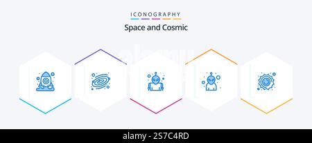 Space 25 Blue icon pack including . space. space. planet. sun Stock Vector