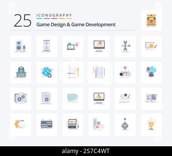 Game Design And Game Development 25 Flat Color icon pack including editor. animation. sand clock. publishing. game Stock Vector