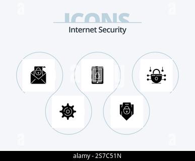 Internet Security Glyph Icon Pack 5 Icon Design. network security. internet. mail. bug. mobile Stock Vector