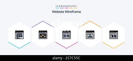 Website Wireframe 25 FilledLine icon pack including time. page. page. web. file Stock Vector