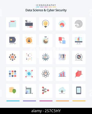 Creative Data Science And Cyber Security 25 Flat icon pack  Such As forecasting model. forecasting. insight. cloud scince. cloud Stock Vector