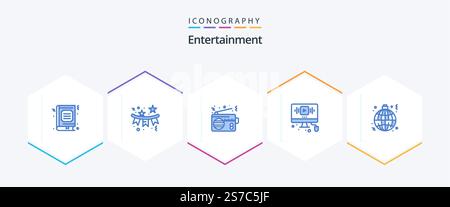 Entertainment 25 Blue icon pack including online. video. star. connection. device Stock Vector