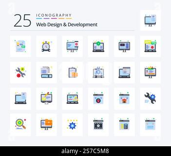 Web Design And Development 25 Flat Color icon pack including you tuber. design. responsive. support. laptop Stock Vector