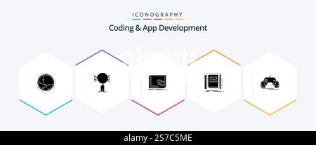 Coding And App Development 25 Glyph icon pack including notepad. book. research. program. operational Stock Vector