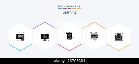Learning 25 Glyph icon pack including online. education. result. physics formula. board Stock Vector