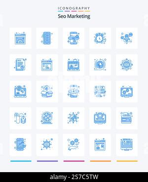 Creative Seo Marketing 25 Blue icon pack  Such As multimedia. watch. list. time. money Stock Vector