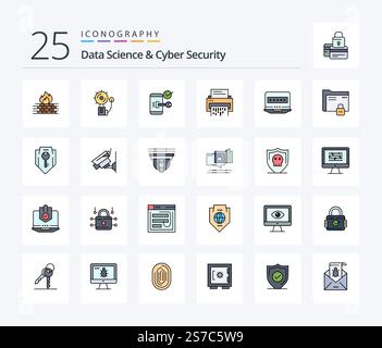 Data Science And Cyber Security 25 Line Filled icon pack including data. security. fire. phone. mobile Stock Vector