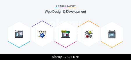 Web Design And Development 25 FilledLine icon pack including development. wrench. browser. tool. Stock Vector