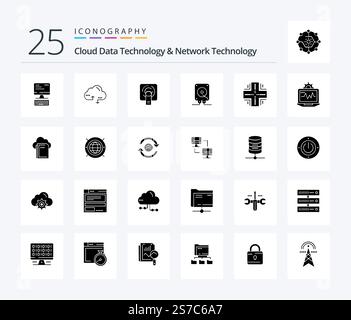 Cloud Data Technology And Network Technology 25 Solid Glyph icon pack including database. play. finger . computing. music Stock Vector