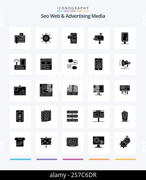 Creative Seo Web And Advertising Media 25 Glyph Solid Black icon pack  Such As board. mail box. mobile. post. receiving sms Stock Vector